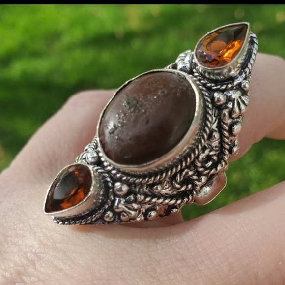 New Bloodstone & Golden Topaz Double Crescent Moon 925 Silver Statement Ring. - Picture 12 of 16